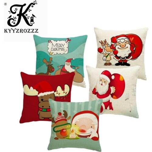 Cartoon Santa Claus Cushion Merry Christmas Pillow Red Deer Rock Hat Farmhouse Home Dog Cat Throw Pillow Cover 43Cm Cotton Blend
