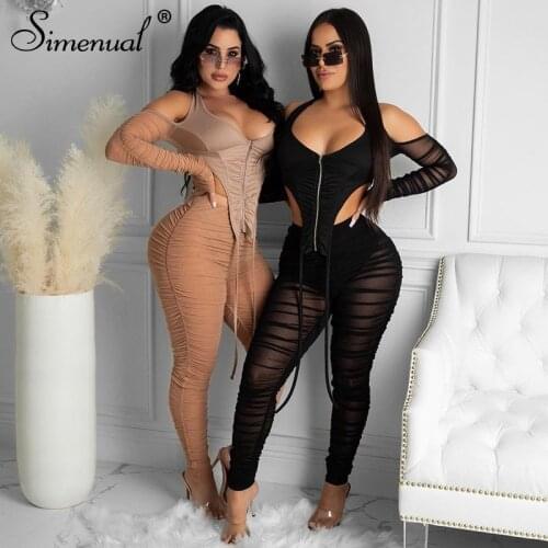 Simenual Mesh Ruched Sexy Hot Two Piece Sets Zipper Long Sleeve Women Crop Top And Pants See Through Co-ord Set V Neck Clubwear