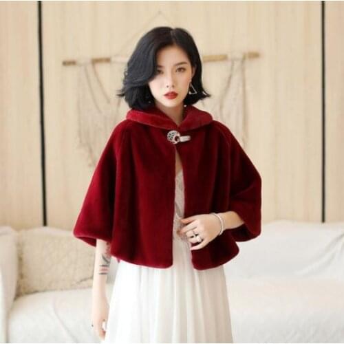 Wine Red Faux Fur Wedding Shawl Winter Bridal Ladies Coat Wrap Shawls Bolero Shrug Cape