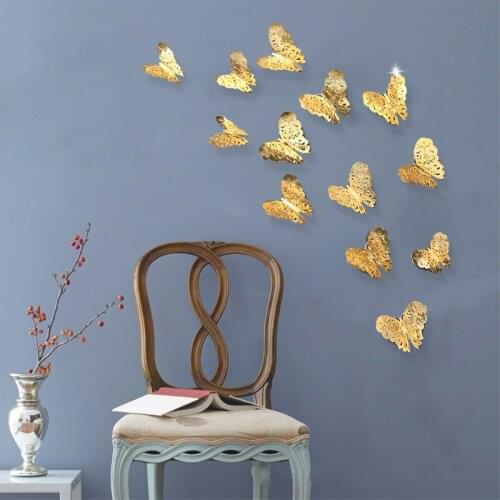 12pcs/set Mirror 3D Butterfly Wall Sticker for Wedding Decoration Living Room Window Home Decor Gold Silver Butterflies Stickers
