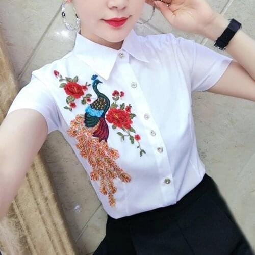 S-4XL Short-sleeve Women blouse shirt New Elegant Summer Plus size clothing Fashion Peacock embroidery pattern White OL Tops