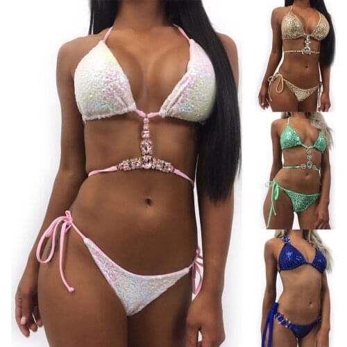 Women Sequin Rhinestone Crystal Diamond Push-up Bandage Sexy Fashion Bikini Set Swimsuit Swimwear