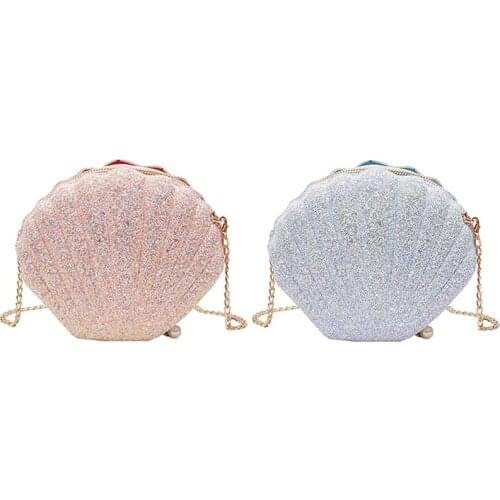 2Pcs Women Girls Little Mermaid Seashell Purse Cross-Body Shoulder Bags Glitter Sequins Chain Evening Purse, Pink & White