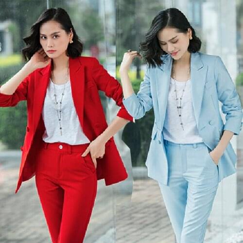 Womens suit 2019 autumn new double-breasted suit jacket fashion temperament pants two-piece large size womens clothing
