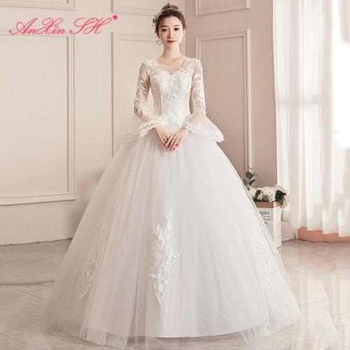 AXJFU princess flower lace white sparkly wedding dress party vintage o neck long flare sleeve illusion ball gown wedding dress