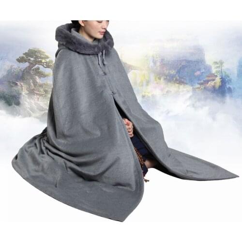9color red/blue unisex winter warm buddhist shaolin monk cape kung fu suits robe buddha prayer coat zen lay meditation cloak