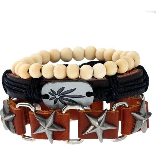 Star Weed Retro Beaded Women New Brown Vintage Casual Handmade Woven Leather Bracelets Men Jewelry Wholesale Accessories