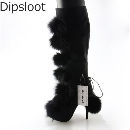 2017 Women Real Fox Fur Covered Woobies Pedant Lace up Snow Boots Women Suede Knee High Thin High Heel Booties Winter Long Boots