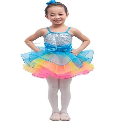 Children Stage Performance Costume Rainbow Style Tulle Tutus Blue Spandex Sequin Dress With Large Butterfly Front Belt 16052