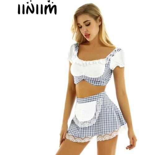 Iiniim Women Femme Lovely Scotland Schoolgirls Sexy Uniform Fancy Cosplay Costumes Puff Sleeve Crop Top with Mini Skirt