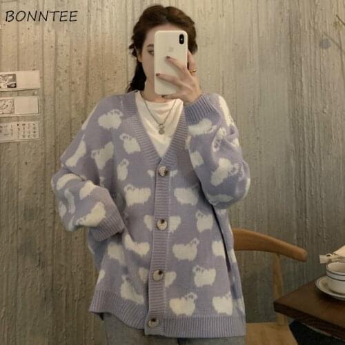 Cardigan Womens Retro Sweaters Long Sleeve V-neck Button Cartoon Lazy Lovely Leisure Korean Style Autumn Female Oversize Simple