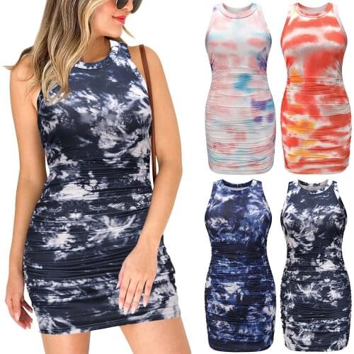 Summer Dress ONeck Sleeveless Tie Dye Off The Shoulder Mini Dress House Of Sunny Fashion Casual Sexy Bodycon Dress Women Clothes
