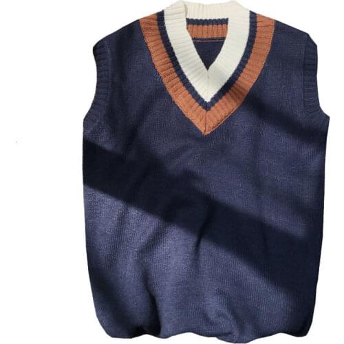 Mens Sleeveless Pullovers Japanese Preppy Style Male Clothing Tops Men Fashion V-Neck Vest Sweaters 2020 Autumn