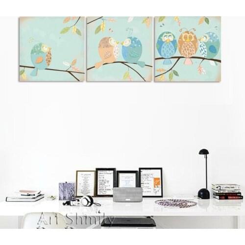 3 Pieces Owl Animals Lovely Birds Wall Art Printed Painting Printed Canvas Painting for Living Room Home Decor Frameless\J0225