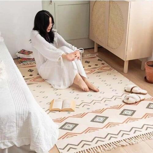 Japanese-Style Cotton Hand-Woven Carpet For Home Living Room Rooms Long Tassel Anti-Slip Mats Bedroom Bedside Blanket Home Decor