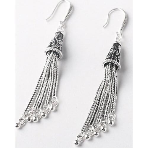 2020 new S925 pure silver fashion jewelry ethnic Thai silver tassel long ladies earrings Chinese style woman earrings