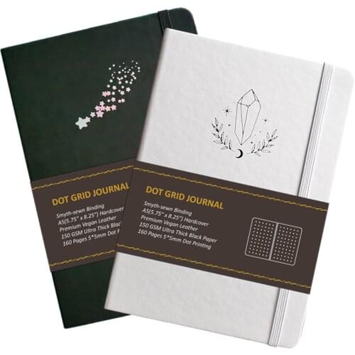 Star And Diamond Black And White Vegan Leather Cover 150GSM Black Paper Dot Grid Journal With Black Page