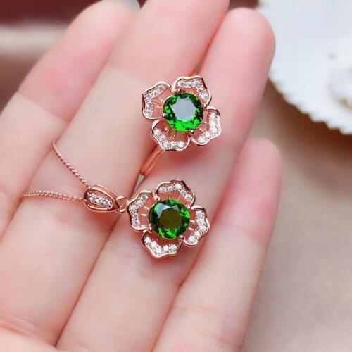 Charming green diopside gemstone ring and necklace jewelry set round natural gem good color cost effective girl birthday gift
