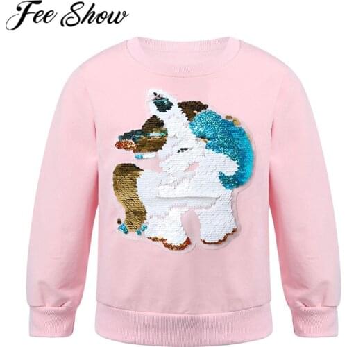 Autumn Winter Cotton Teen Girls Sweatshirts Tops Shiny Sequins Cute Horse Pattern Children Clothes For Girl Pullover Sweatshirt