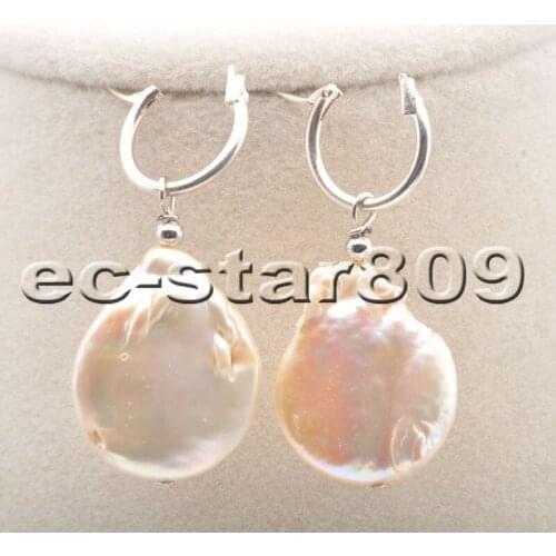 P6768 Huge 25mm Pink Baroque Coin Keshi Pearl Dangle Earring 925silver