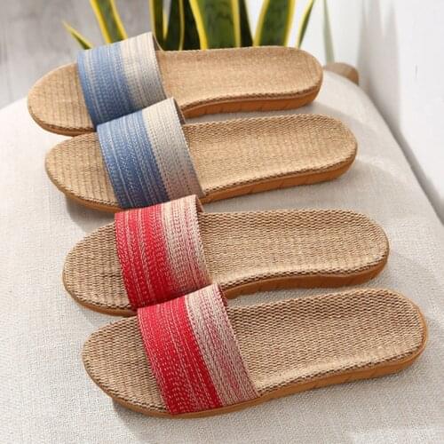 Summer Slides Women Home Indoor Slippers Silent Sweat Absorption Soft Flax House Bedroom Shoes Female Linen Belt Flip Flops Y-ZR