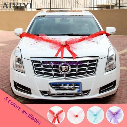 4-color optional wedding car bow 360cm crepe Tulle Bowknot Foam rose (purple,blue,red,pink) wedding car decoration set