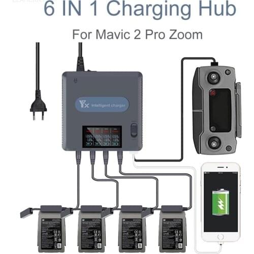 6 in 1 Digital display Battery Charger for DJI Mavic 2 Pro Zoom Drone Battery Charging Hub Fast Smart Battery Charger with USB