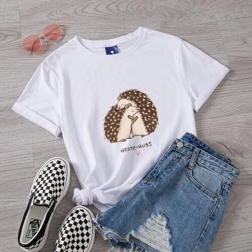 100% Cotton Women Plus Size T Shirts Retro Ulzzang Top Short-sleeved Hedgehog Is Hugging Printed Casual Soft Female T Shirt