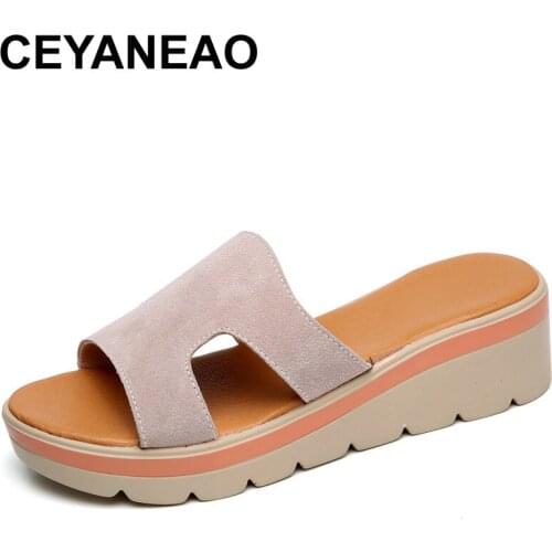 CEYANEAOWomens Summer Slippers Flat Platform Sandals Beach Shoes Round Toe Shoes Slippers Genuine Leather Suede Flip FlopsE027