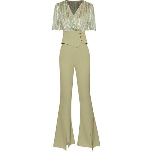 Summer New High Quality WomenS Sets Designer Printed Chiffon Patchwork Tops + Slim Flared Pants Fashion Casual Two-Piece Suit