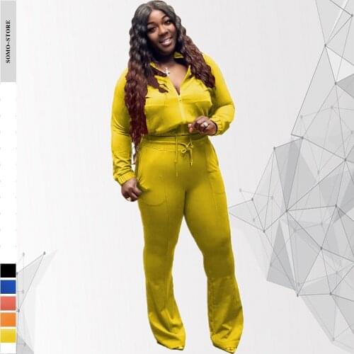 Fall Clothes Sports Zipper Tops Pocket Flared Pants Solid Color Plus Size Womens Clothing Two Piece Suit Wholesale Dropshipping