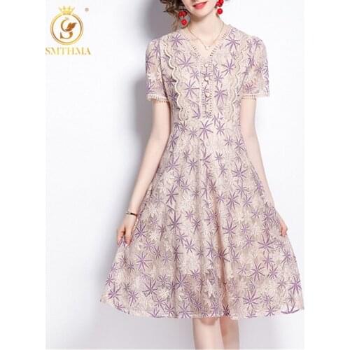 SMTHMA Women Lace Hollow Out Summer Dress Sexy V Neck Short Sleeve Elegant Fashion Prin Party Dress