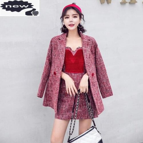 Winter Temperament Ladies Small Fragrance Velvet Dress + Knit Coarse Woolen Jacket Two Sets Women Plaid Coats Female Ribbons