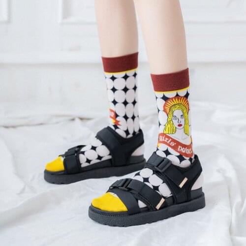 5 Pairs Retro illustration Lolita Long Socks Japanese style College Couple socks women man Cotton sock calcetines hombre Autumn
