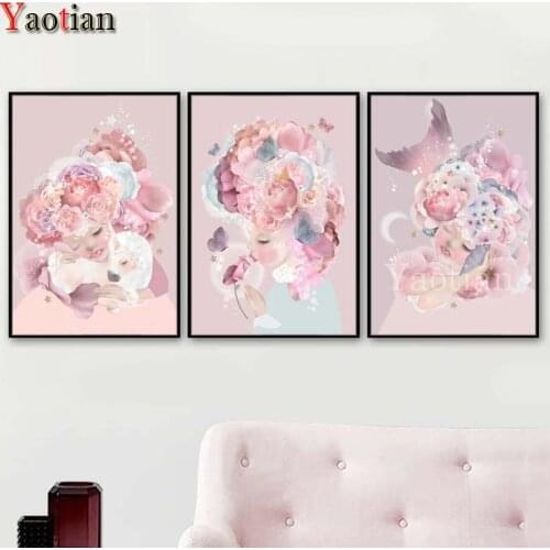 5D DIY Diamond Painting Triptych Pink Unicorn Cartoon Girl Flowers Diamond Embroidery Full Diamond Mosaic Cross Stitch 3 pcs