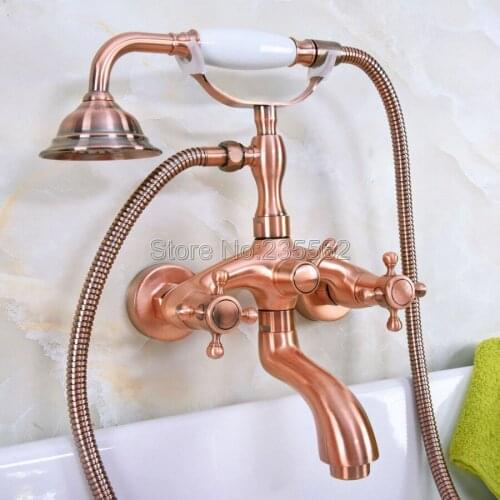 Antique Red Copper Clawfoot Bath Tub Faucet Mixer Tap Telephone Hand Held Shower lna321