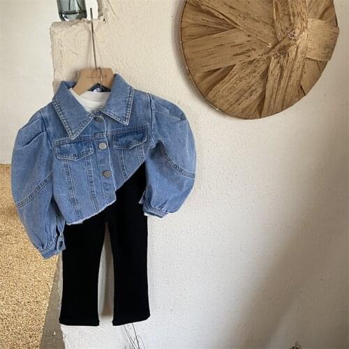 Spring Autumn Girls Denim Jacket Baby Coat Toddler Outwear Kids Streetwear Clothes Pleated Puff Sleeve Ripped Bottom 2 To 7 Yrs