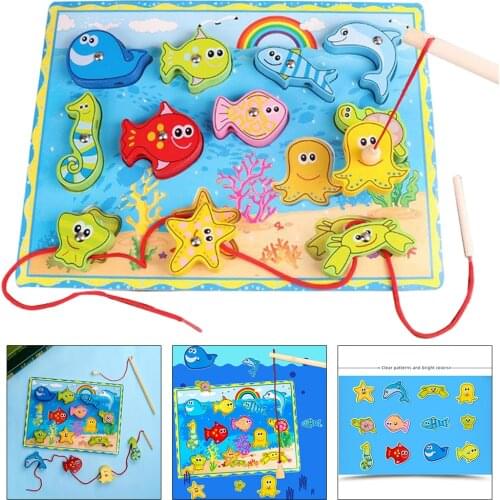 Childrens Wooden Magnetic Fishing Game Jigsaw Puzzle Toy Early Education Puzzle for 3 Years Old