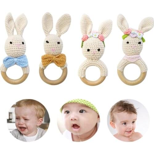 Baby Wooden Teether Ring DIY Crochet Bunny Rattle Soother Bracelet Molar Toys