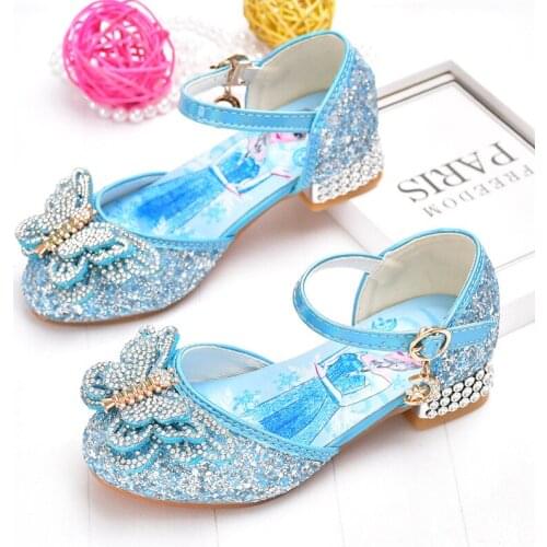 Disney Frozen Elsa Princess Girls Leather Crystal Shoes Glitter Casual High Heels Girls Shoes Pink Blue Elsa Shoes