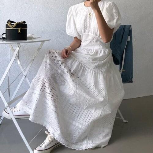 Elegant O Neck Puff Sleeve Lace Hollow Hook Flower Woman Dress Exquisite Feminino Slim Waist Robe A Line Korean Chic Vestidos