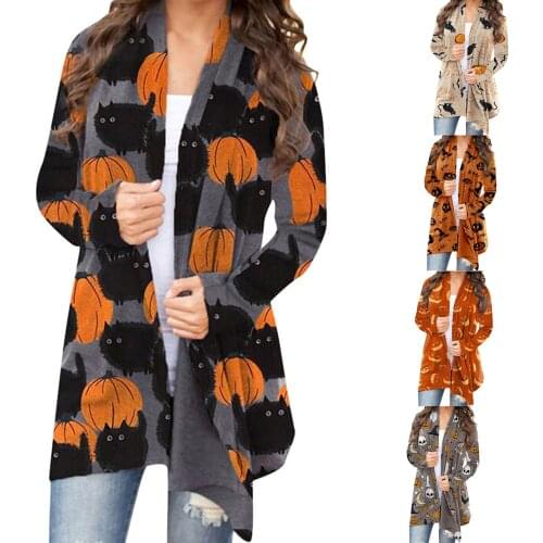 Women Halloween Cardigan Coat Fashionable Pumpkin Animal Cat Printing Jacket Long Sleeve Coat Female Autumn Winter Plus Size