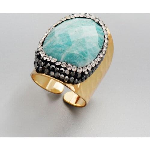 Rings for Women Gold Color Amazonite Party Ring Paved Crystal Fashion Wedding Cocktail Rings Wife Gifts Size 7