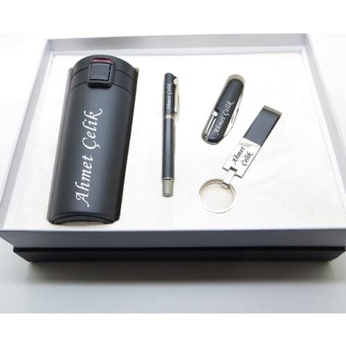 Wings Matte Black İsme Special Steel Thermos Set | Thermos + Multifunctional Pocket Knife + Roller Pen + Keychain