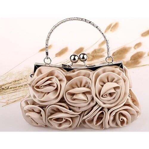 70% Hot Sell Women Fashion Rose Flower Pattern Faux Silk Handbag Bridal Clutch Bag for Wedding Evening Party