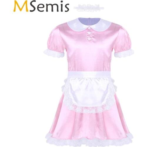 MSemis Mens Sissy Sexy Cosplay Maid Uniform Lace Hem Babydoll Mini Satin Apron Dress+Headband Set Gay Erotic Role Play Costume