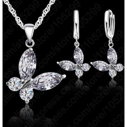 Fast Shipping Crystal Butterfly With Female Fashion Short Chain Pendants Necklace+Earrings Jewelry Set For Women