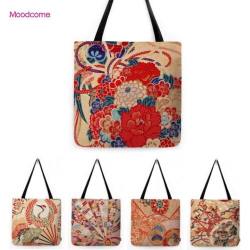Red Joyful Geometric Design Traditional Japanese Art Flower Pattern Water Resistant Shoulder Bag Grocery Shopper Linen Tote Bag