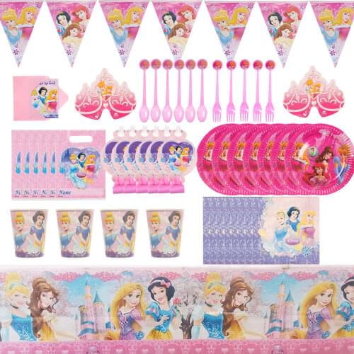 Disney Princess Theme Disposable Tableware Girl Birthday Party Decoration Paper Plates Cups Banner Kids Baby Shower Kids Love