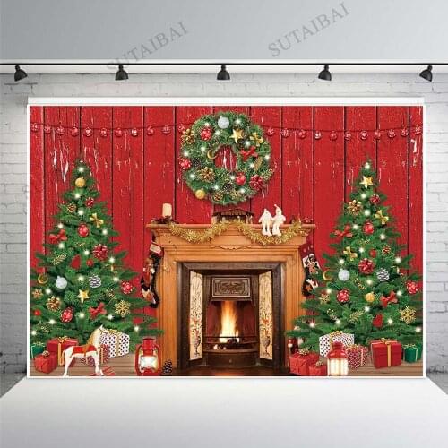 Christmas Backdrop Photography 2022 Winter Fireplace Xmas Tree Gifts Sock Red Wood Wall Background Holiday Portrait Photo Studio